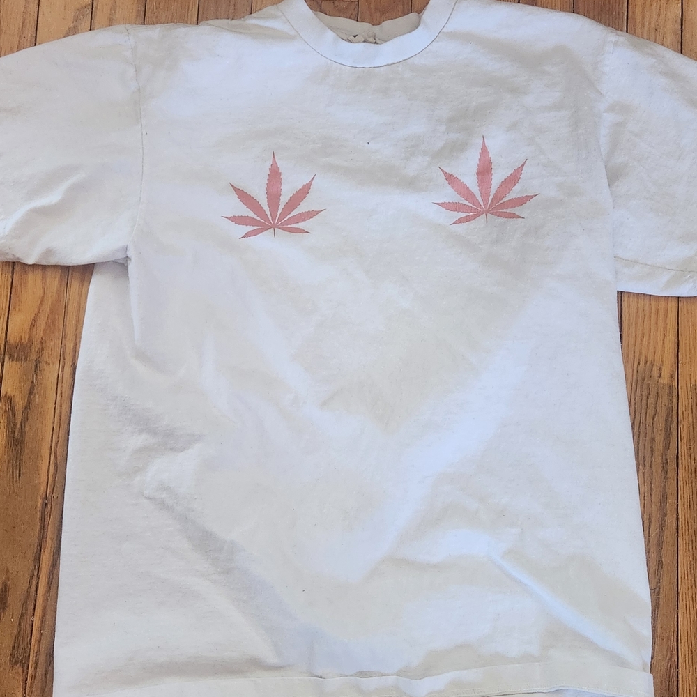 White T-Shirt with Pink Leaf Design